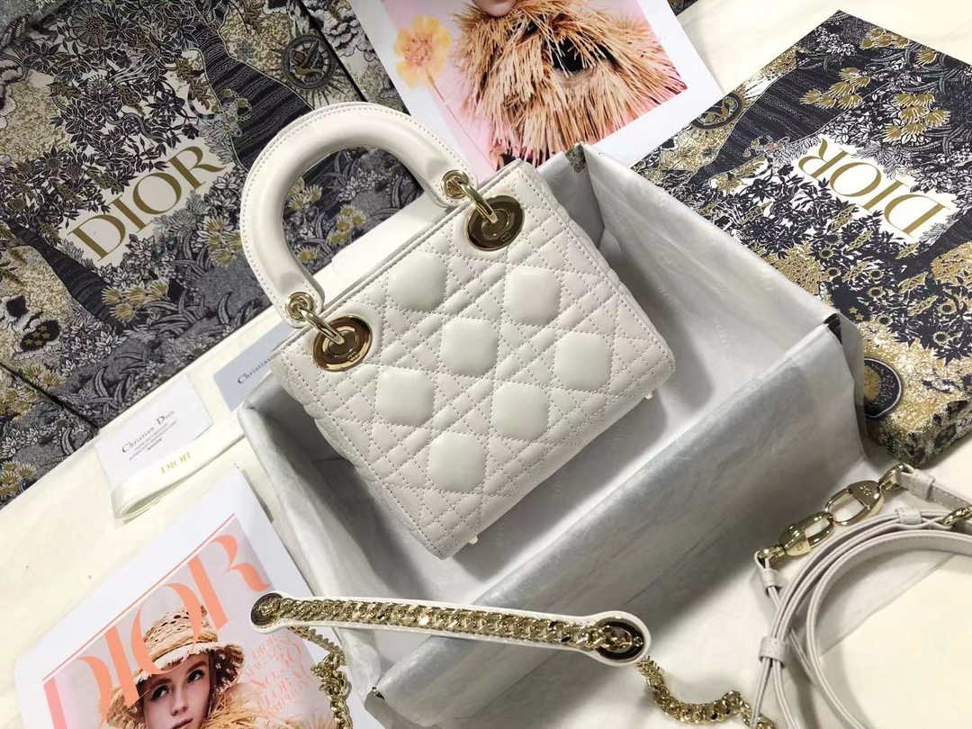 Dior M0505 Mini Dior Lady Bag White Cannage lambskin Gold