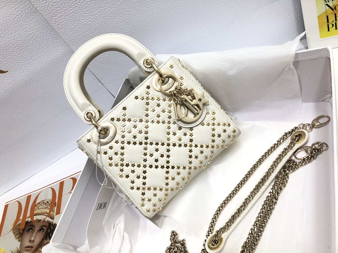 Dior M0505 Mini Dior Lady Bag White Metallic Cannage Lambskin with Beaded Embroidery - Default Title - View 1
