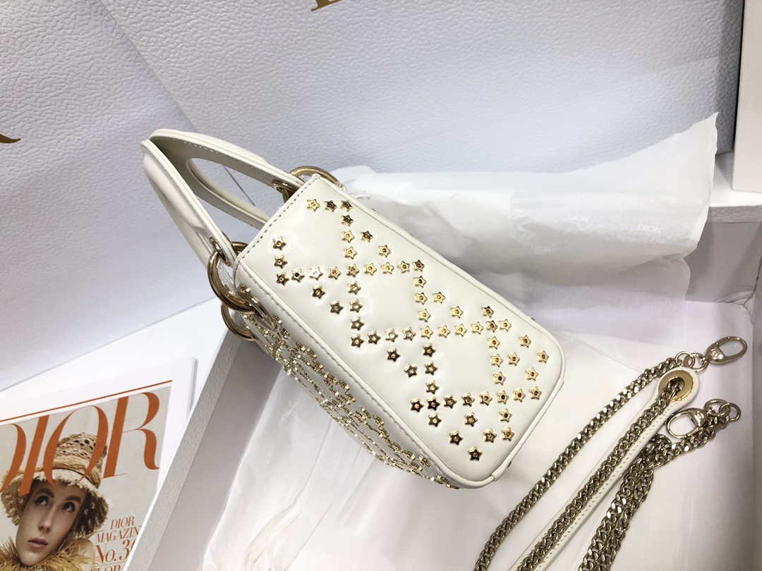 Dior M0505 Mini Dior Lady Bag White Metallic Cannage Lambskin with Beaded Embroidery - Default Title - View 3