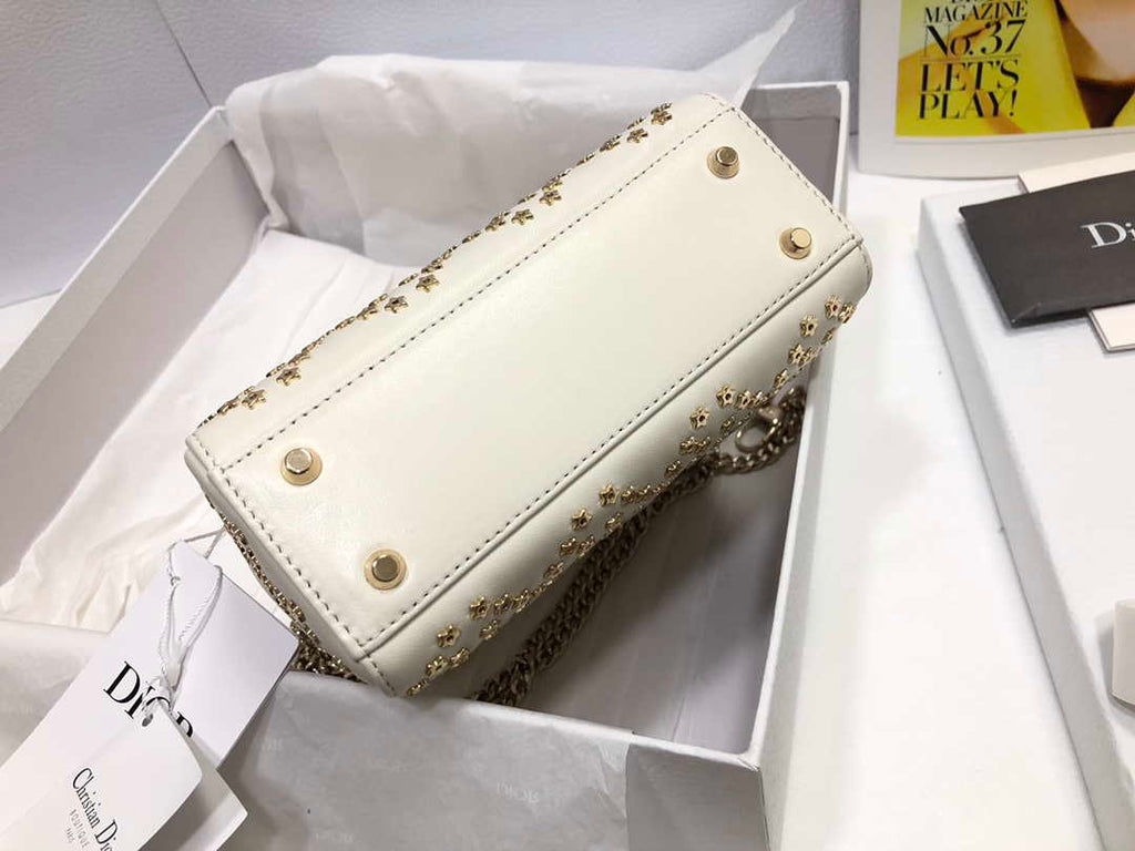Dior M0505 Mini Dior Lady Bag White Metallic Cannage Lambskin with Beaded Embroidery