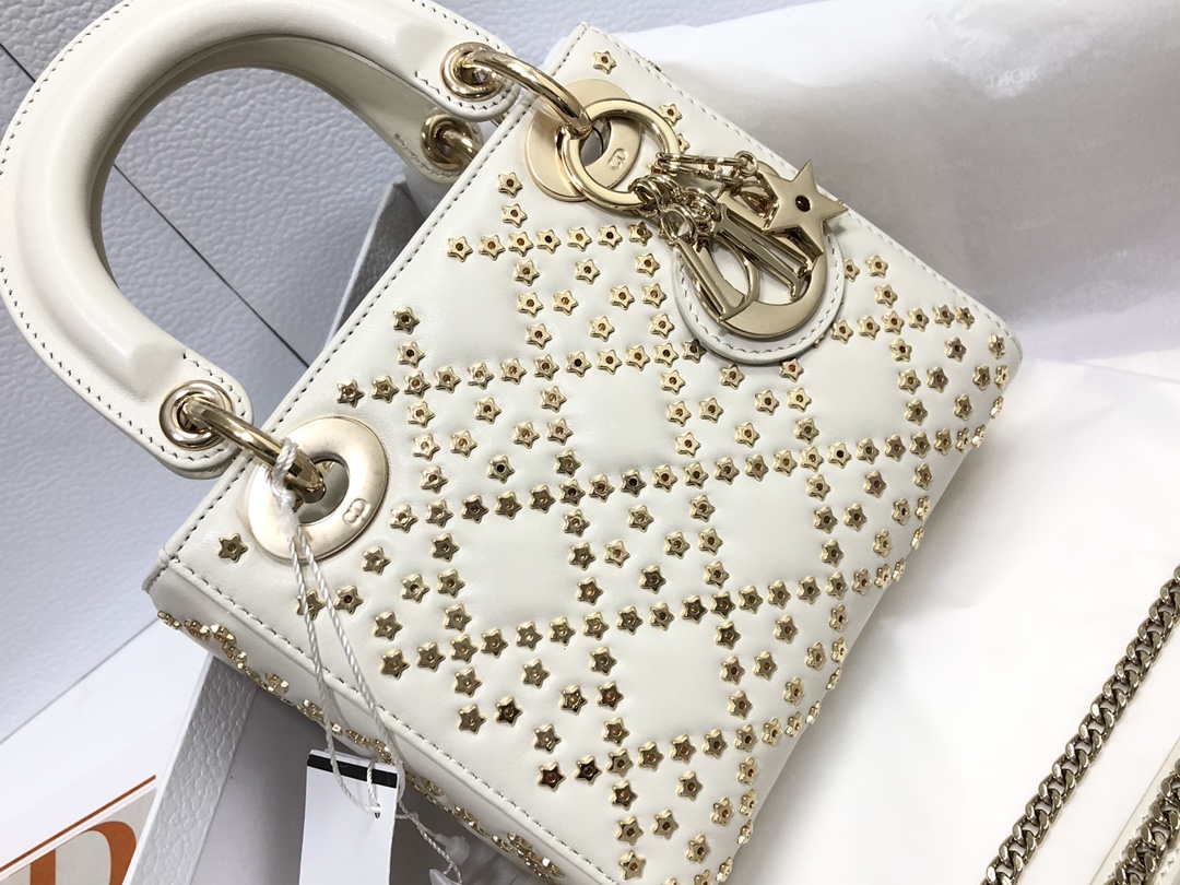 Dior M0505 Mini Dior Lady Bag White Metallic Cannage Lambskin with Beaded Embroidery
