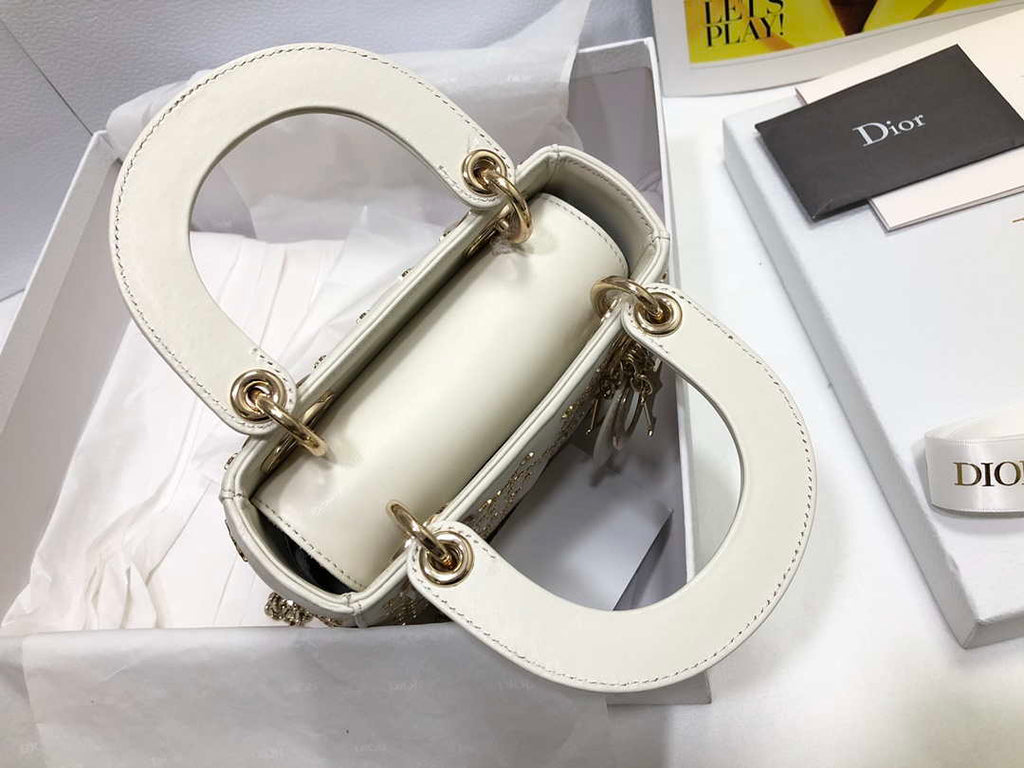 Dior M0505 Mini Dior Lady Bag White Metallic Cannage Lambskin with Beaded Embroidery