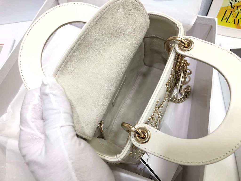 Dior M0505 Mini Dior Lady Bag White Metallic Cannage Lambskin with Beaded Embroidery