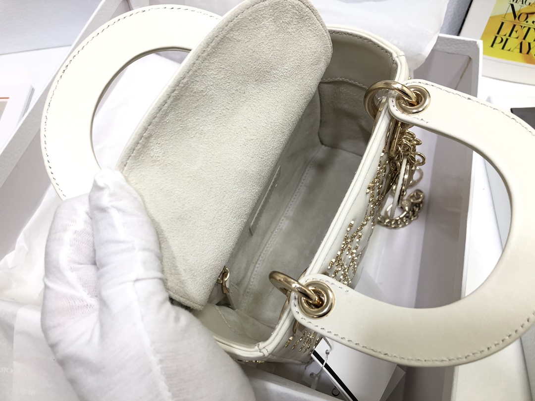 Dior M0505 Mini Dior Lady Bag White Metallic Cannage Lambskin with Beaded Embroidery - Default Title - View 9