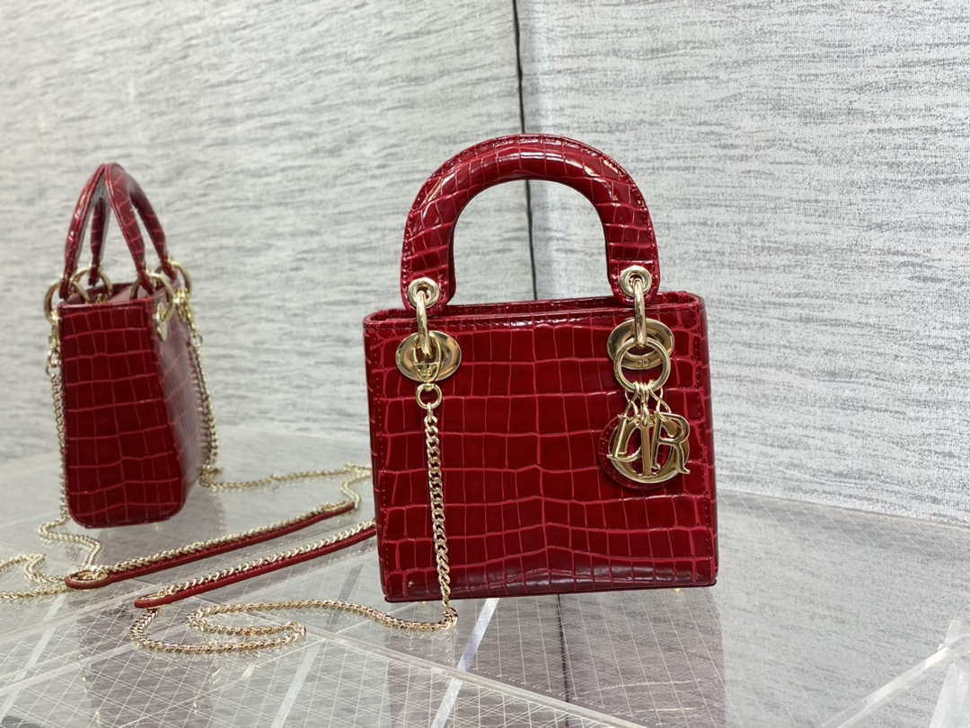 Dior M0505 Mini Dior Lady Bag Wine Red Cannage Crocodile Gold - Default Title - View 1