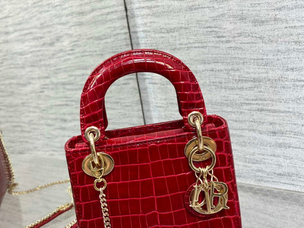 Dior M0505 Mini Dior Lady Bag Wine Red Cannage Crocodile Gold