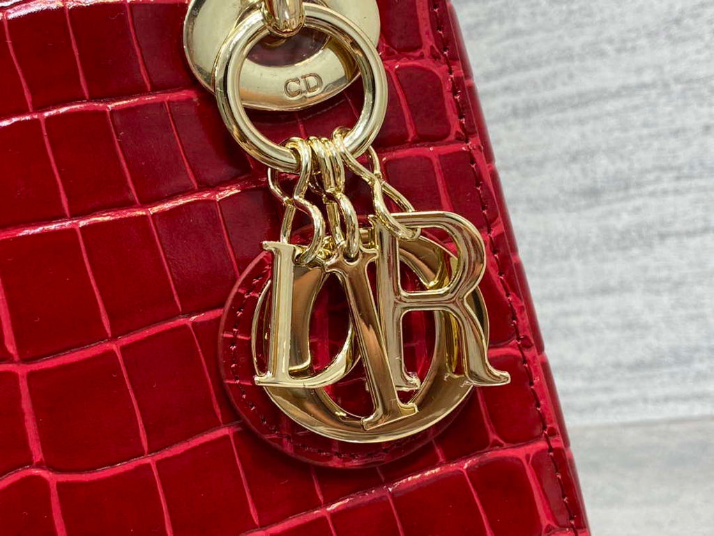Dior M0505 Mini Dior Lady Bag Wine Red Cannage Crocodile Gold