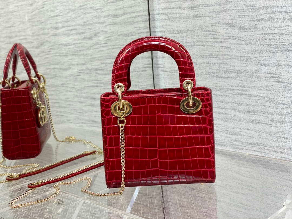 Dior M0505 Mini Dior Lady Bag Wine Red Cannage Crocodile Gold