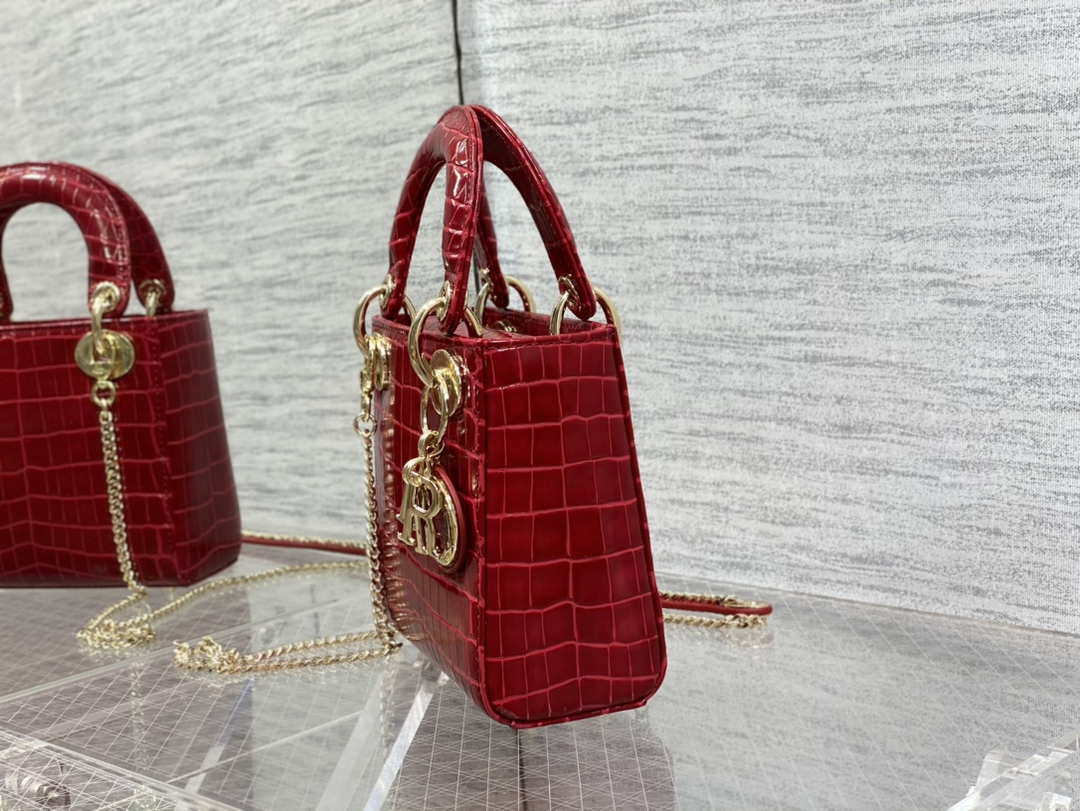 Dior M0505 Mini Dior Lady Bag Wine Red Cannage Crocodile Gold