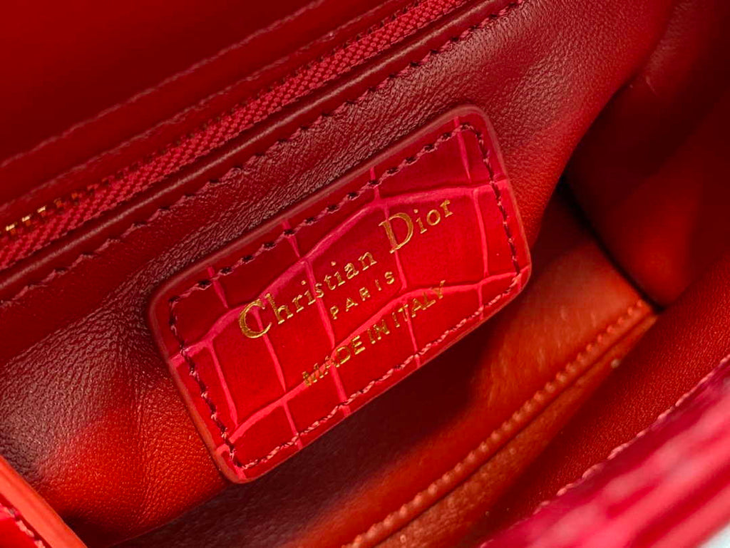 Dior M0505 Mini Dior Lady Bag Wine Red Cannage Crocodile Gold