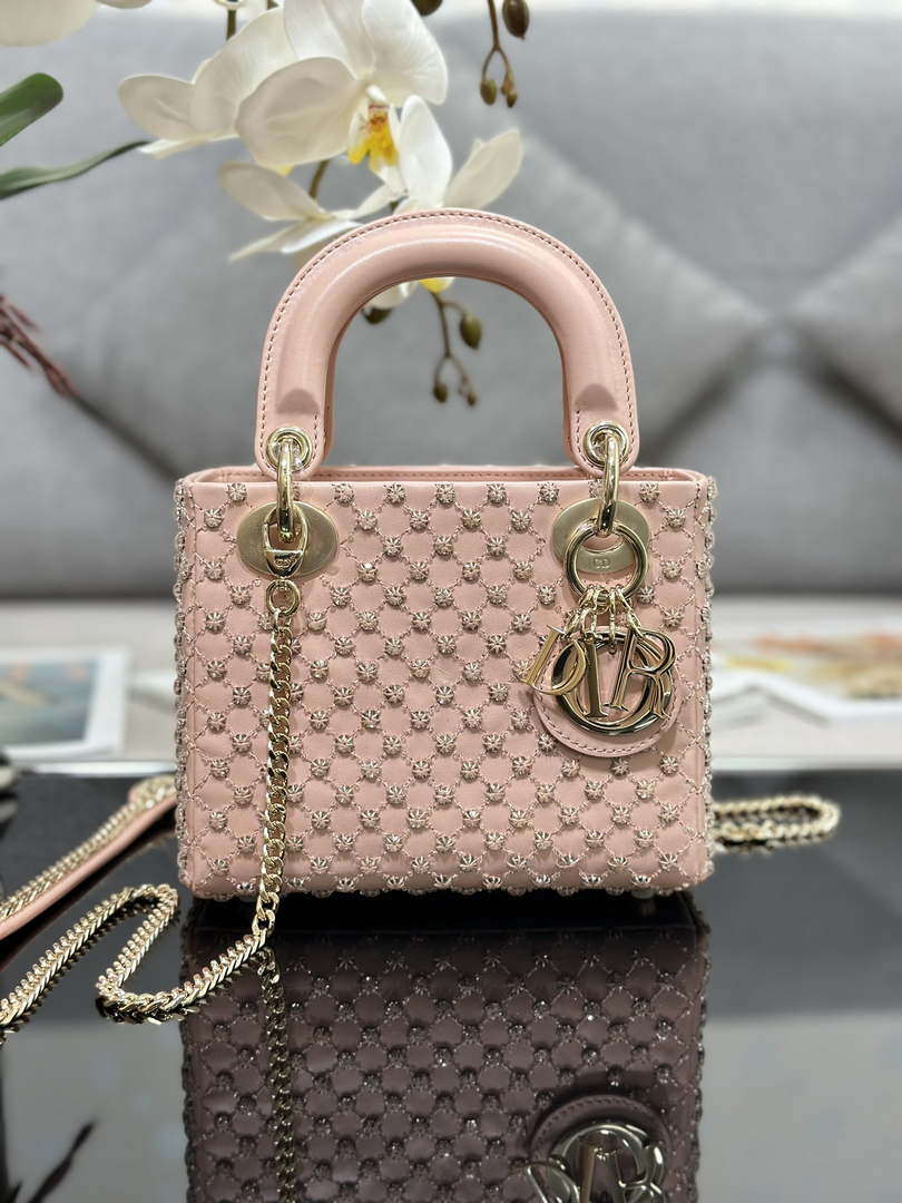 Dior M0505 Mini Lady Bag Metallic Cannage Lambskin Embroidery plum blossom beads Pink - Default Title - View 1