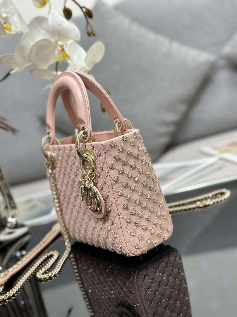 Dior M0505 Mini Lady Bag Metallic Cannage Lambskin Embroidery plum blossom beads Pink - Default Title - View 3