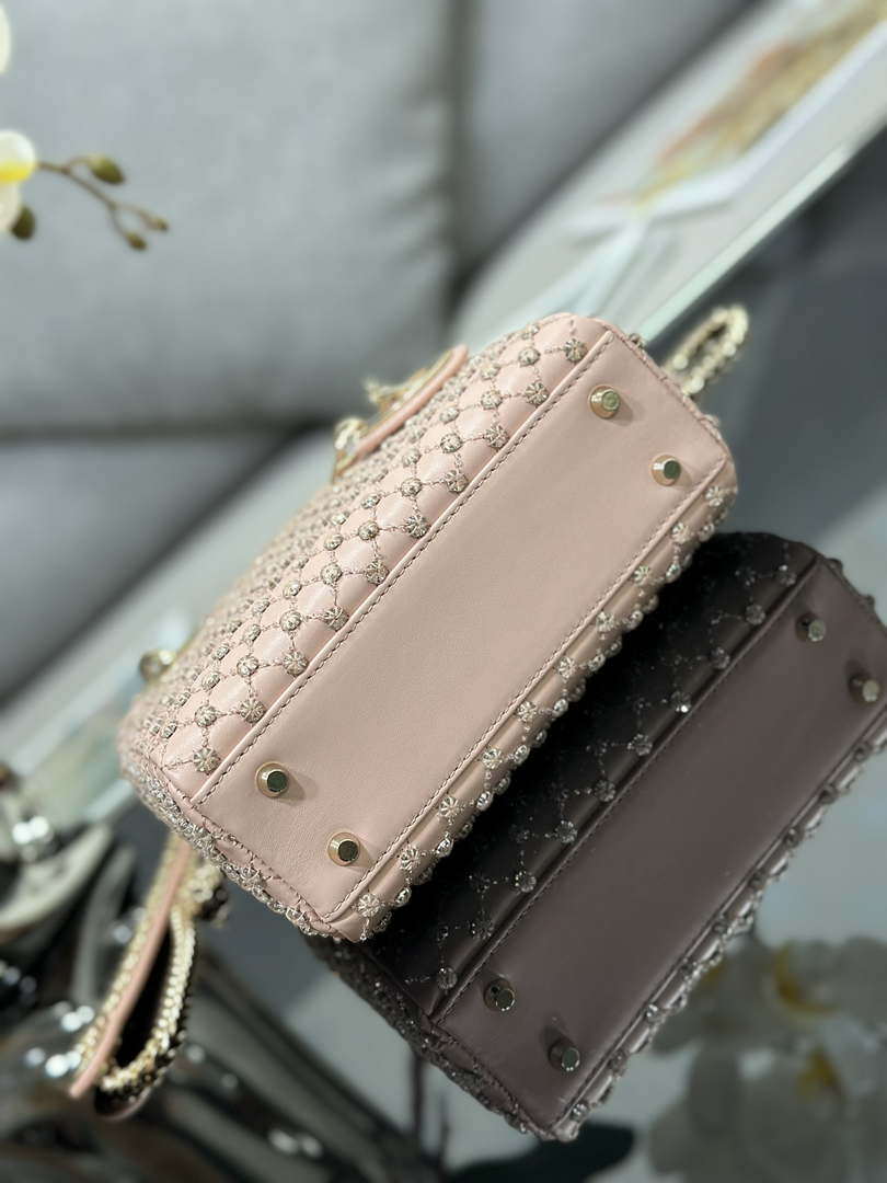 Dior M0505 Mini Lady Bag Metallic Cannage Lambskin Embroidery plum blossom beads Pink