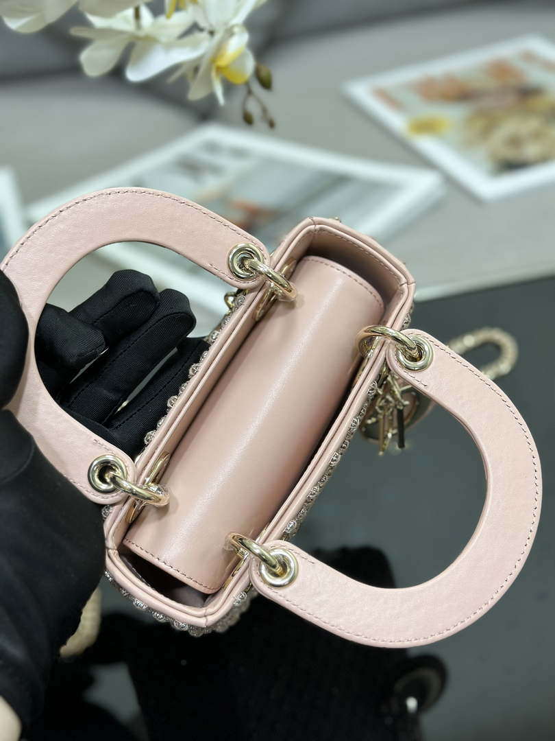 Dior M0505 Mini Lady Bag Metallic Cannage Lambskin Embroidery plum blossom beads Pink