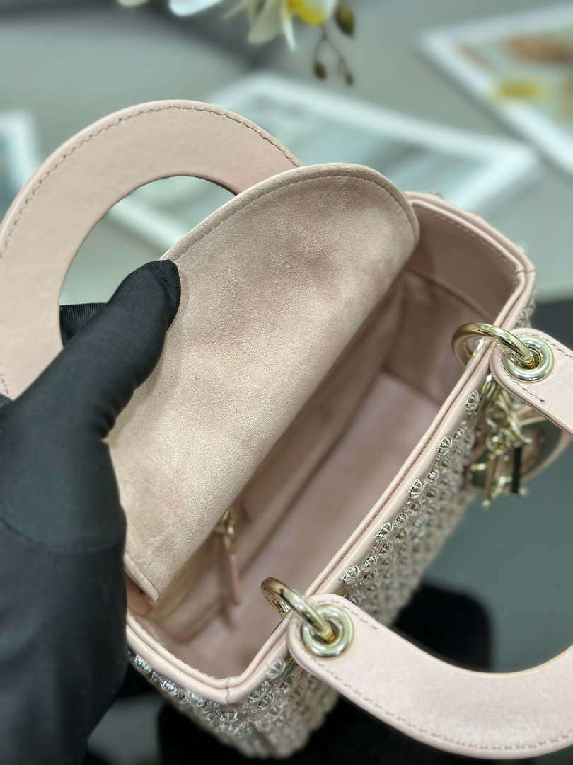 Dior M0505 Mini Lady Bag Metallic Cannage Lambskin Embroidery plum blossom beads Pink