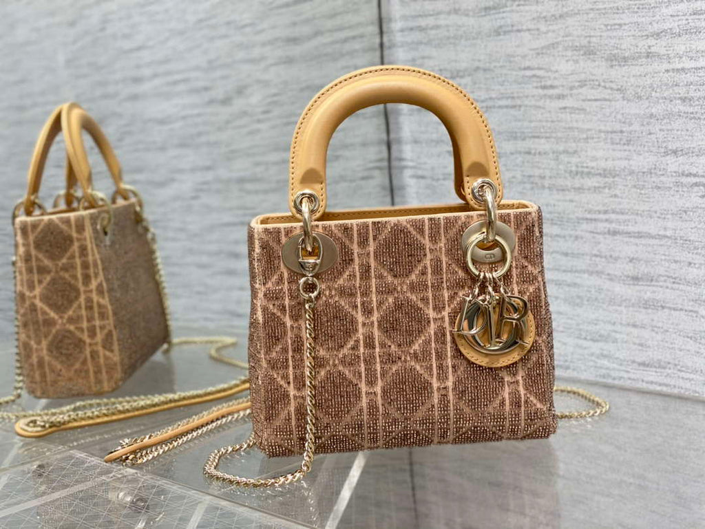 Dior M0505 Mini Lady Bag Metallic Cannage Lambskin Limited Edition Heavy Industry Beads Apricot