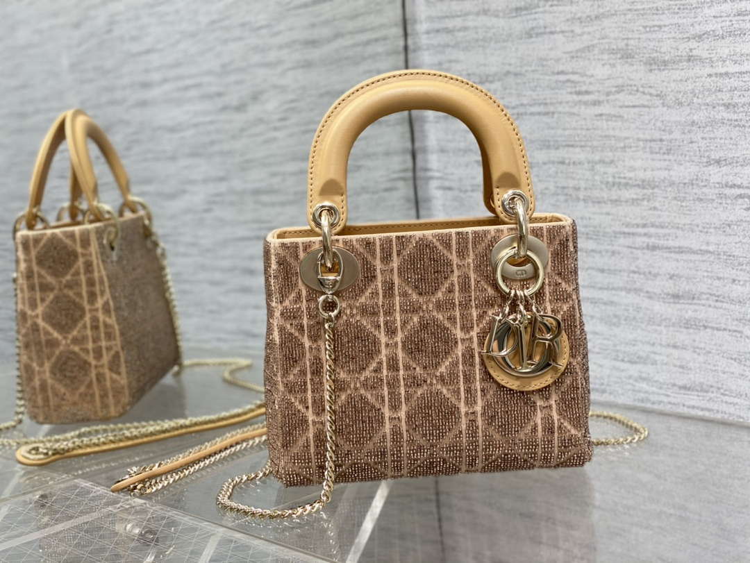 Dior M0505 Mini Lady Bag Metallic Cannage Lambskin Limited Edition Heavy Industry Beads Apricot - Default Title - View 1