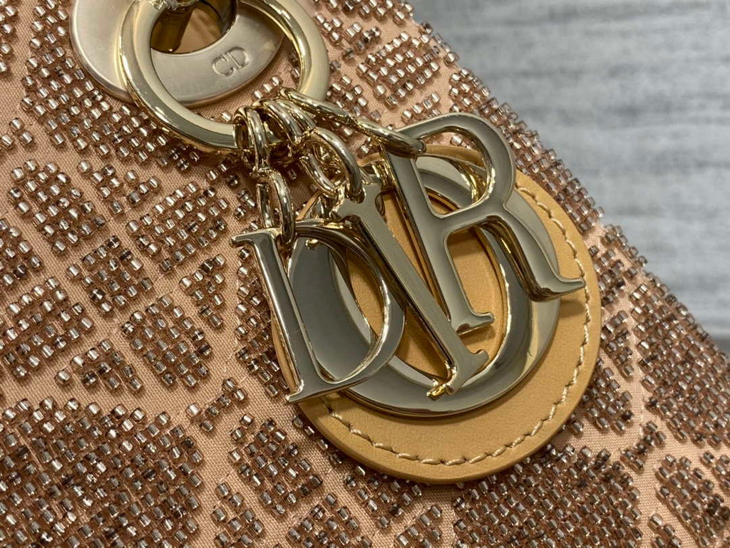 Dior M0505 Mini Lady Bag Metallic Cannage Lambskin Limited Edition Heavy Industry Beads Apricot