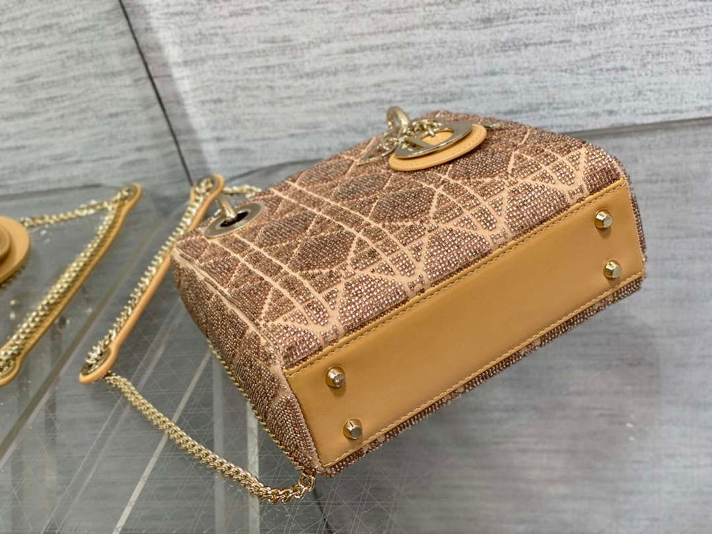 Dior M0505 Mini Lady Bag Metallic Cannage Lambskin Limited Edition Heavy Industry Beads Apricot