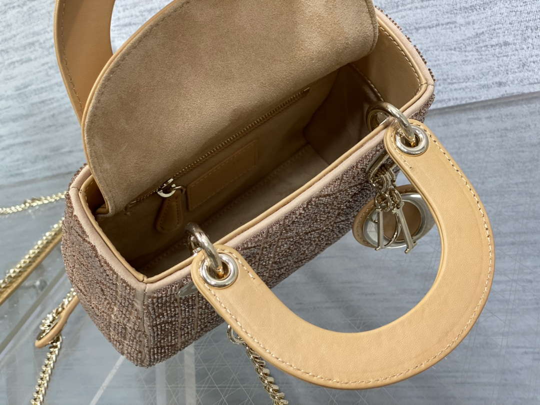 Dior M0505 Mini Lady Bag Metallic Cannage Lambskin Limited Edition Heavy Industry Beads Apricot