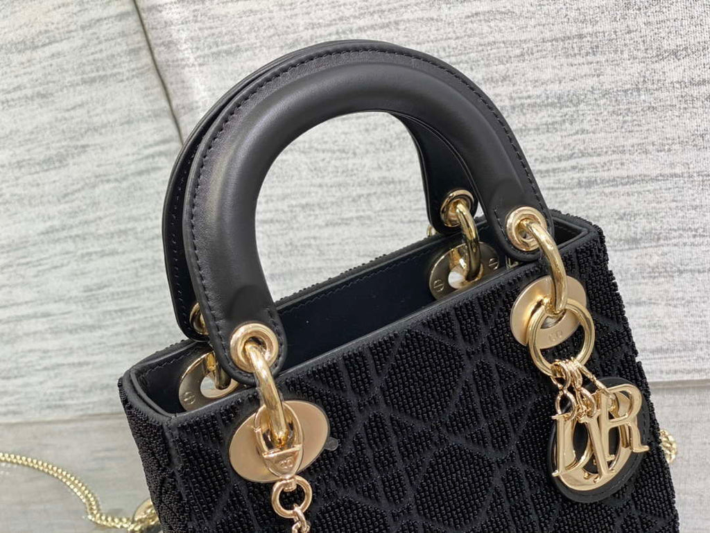 Dior M0505 Mini Lady Bag Metallic Cannage Lambskin Limited Edition Heavy Industry Beads Black