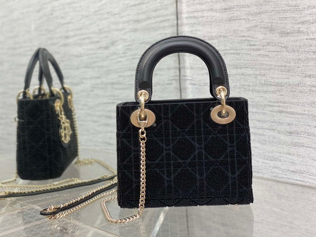 Dior M0505 Mini Lady Bag Metallic Cannage Lambskin Limited Edition Heavy Industry Beads Black