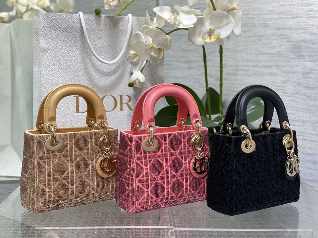 Dior M0505 Mini Lady Bag Metallic Cannage Lambskin Limited Edition Heavy Industry Beads Black