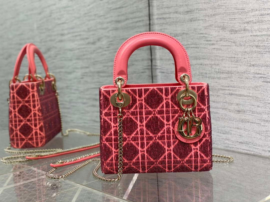 Dior M0505 Mini Lady Bag Metallic Cannage Lambskin Limited Edition Heavy Industry Beads Red