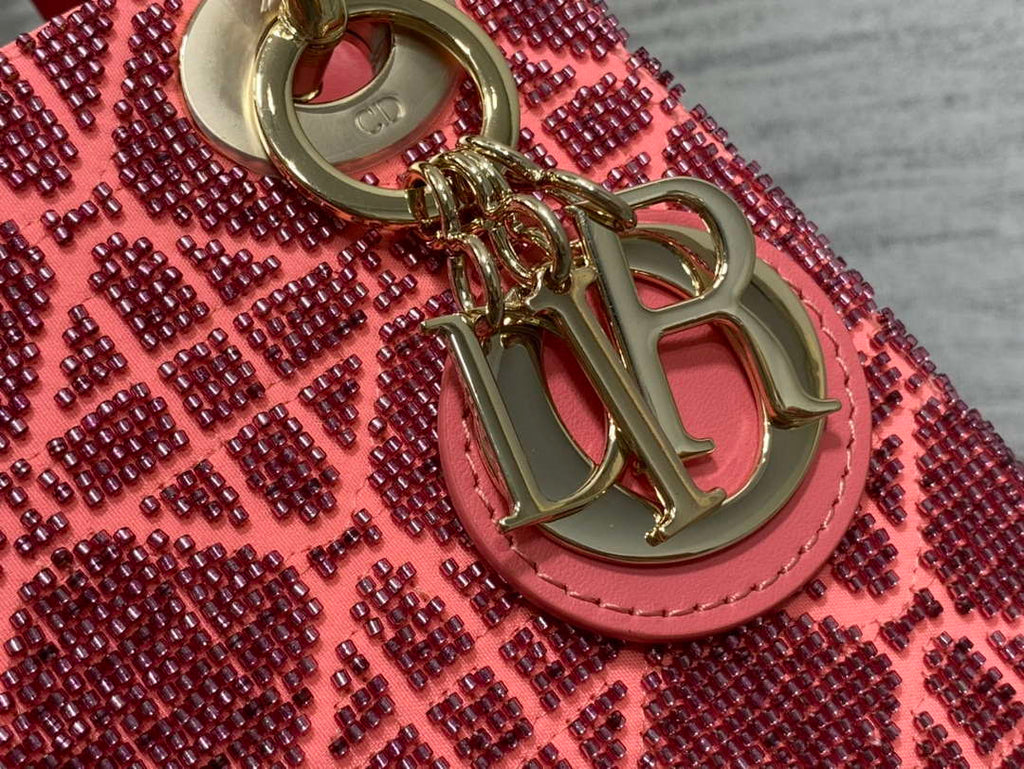 Dior M0505 Mini Lady Bag Metallic Cannage Lambskin Limited Edition Heavy Industry Beads Red