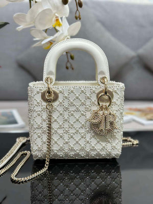 Dior M0505 Mini Lady Bag White Embroidered half pearl - Default Title - View 1