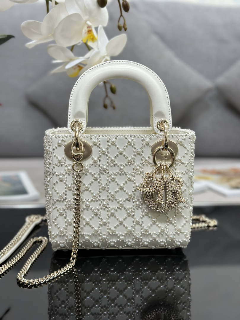 Dior M0505 Mini Lady Bag White Embroidered half pearl - Default Title - View 1