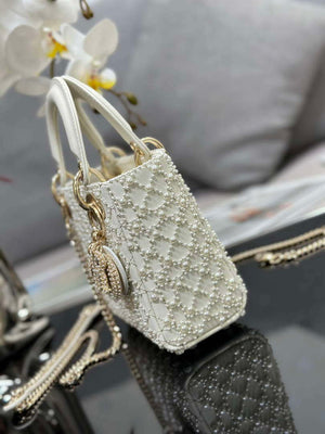 Dior M0505 Mini Lady Bag White Embroidered half pearl - Default Title - View 3