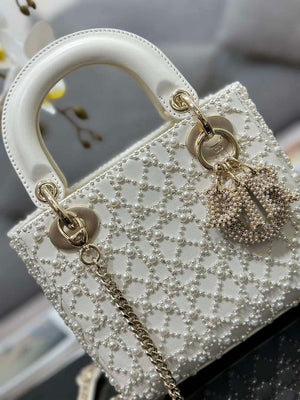 Dior M0505 Mini Lady Bag White Embroidered half pearl - Default Title - View 5