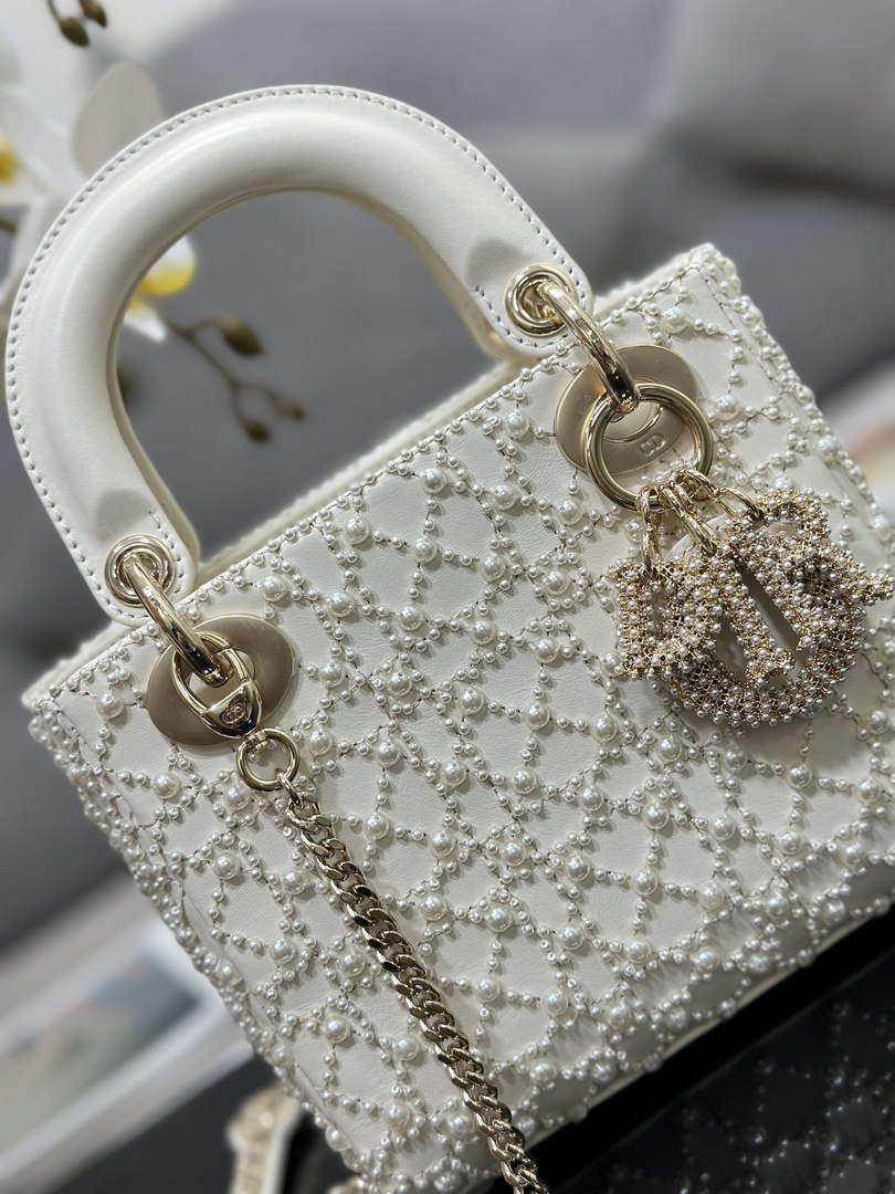 Dior M0505 Mini Lady Bag White Embroidered half pearl
