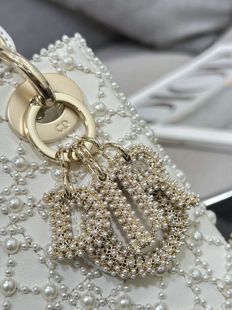Dior M0505 Mini Lady Bag White Embroidered half pearl - Default Title - View 6