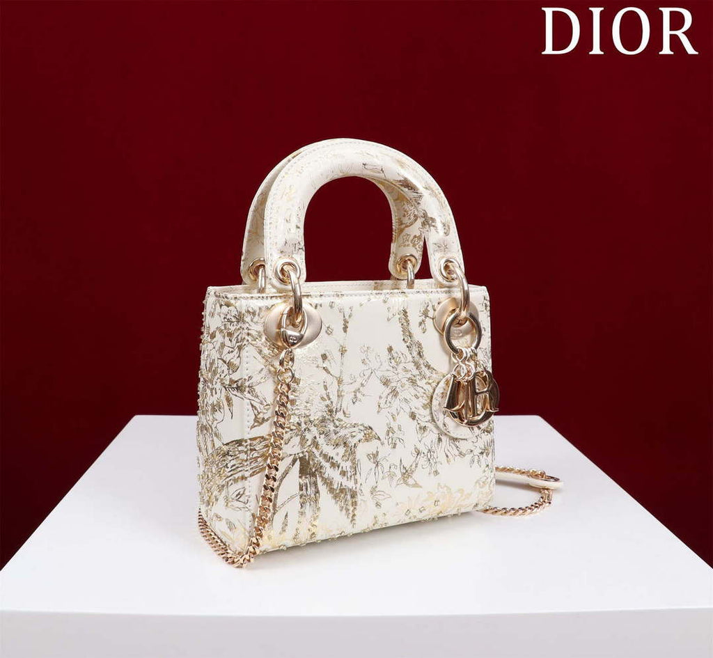 Dior M0505 Mini Lady Dior Bag Beige Embroidered Magpie Gold Beads