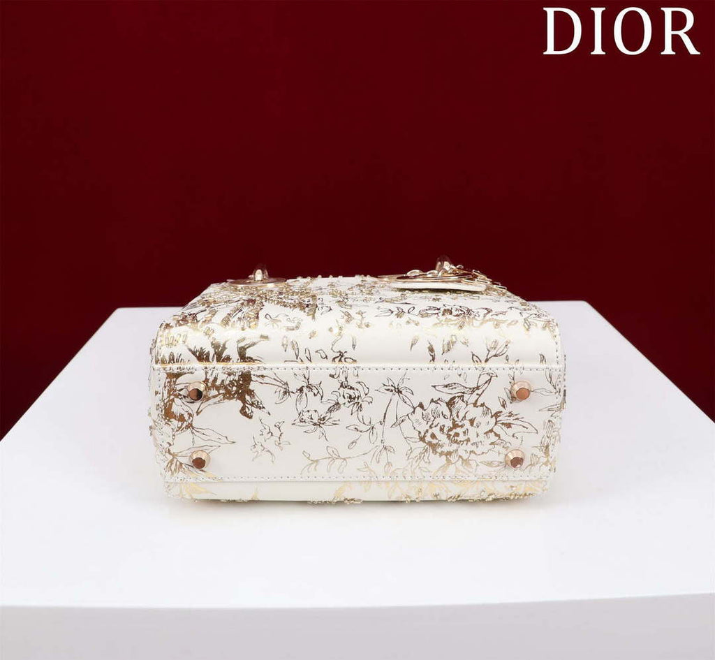 Dior M0505 Mini Lady Dior Bag Beige Embroidered Magpie Gold Beads