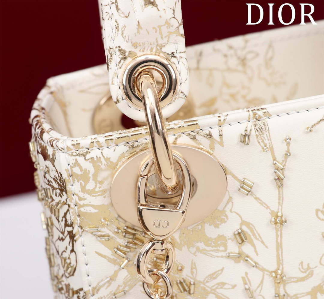 Dior M0505 Mini Lady Dior Bag Beige Embroidered Magpie Gold Beads