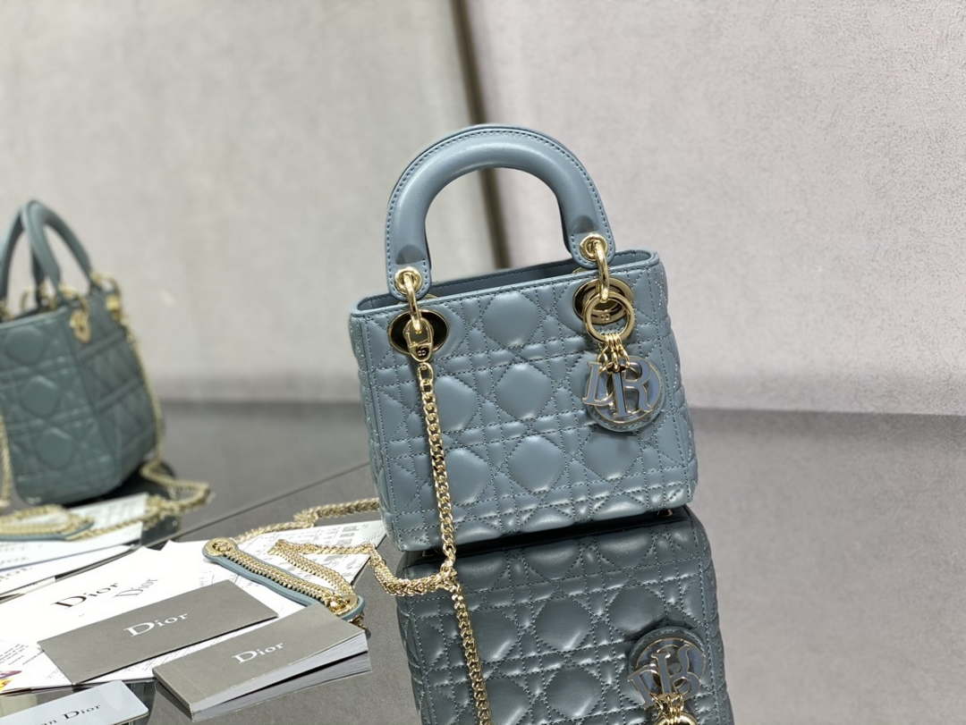Dior M0505 Mini Lady Dior Bag Blue Calfskin with enamel buckle - Default Title - View 1