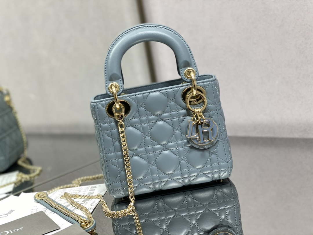 Dior M0505 Mini Lady Dior Bag Blue Calfskin with enamel buckle