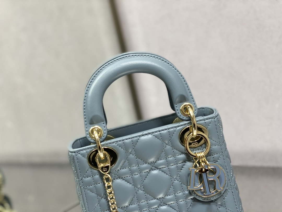 Dior M0505 Mini Lady Dior Bag Blue Calfskin with enamel buckle
