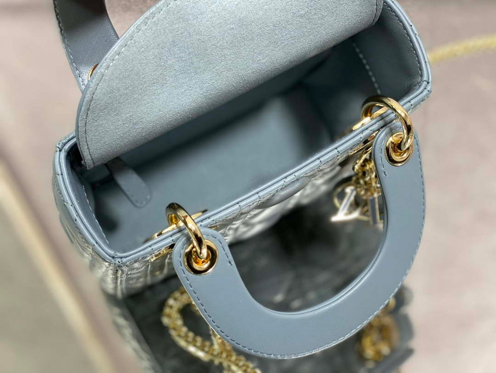 Dior M0505 Mini Lady Dior Bag Blue Calfskin with enamel buckle