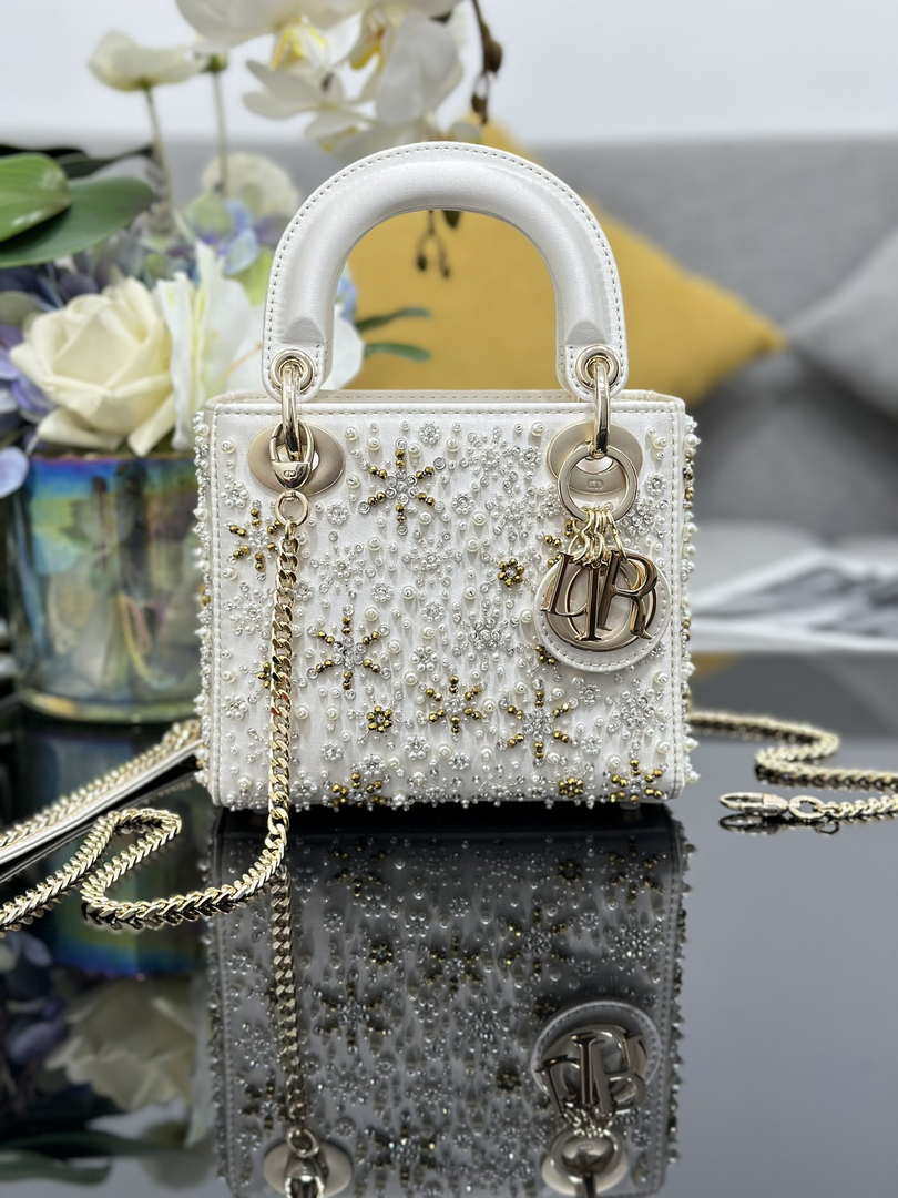 Dior M0505 Mini Lady Dior Bag Calfskin Embroidered Snowflake Pearls White