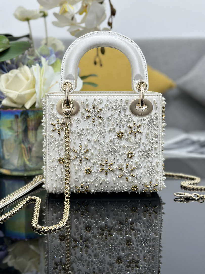 Dior M0505 Mini Lady Dior Bag Calfskin Embroidered Snowflake Pearls White