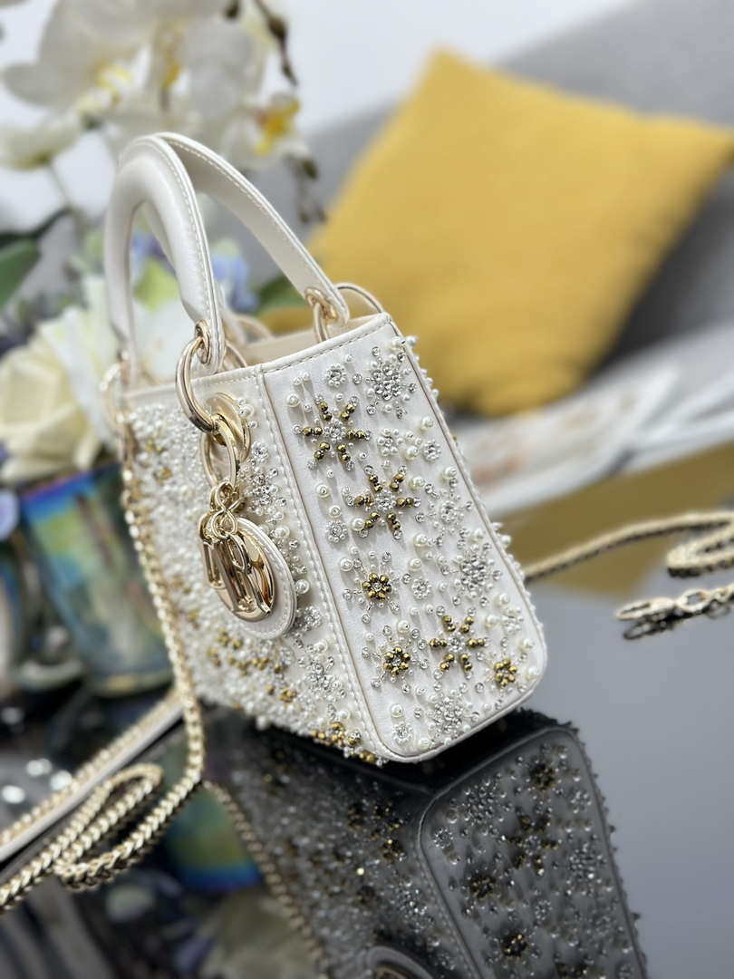 Dior M0505 Mini Lady Dior Bag Calfskin Embroidered Snowflake Pearls White
