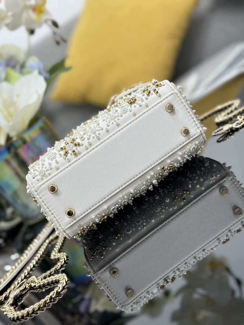 Dior M0505 Mini Lady Dior Bag Calfskin Embroidered Snowflake Pearls White