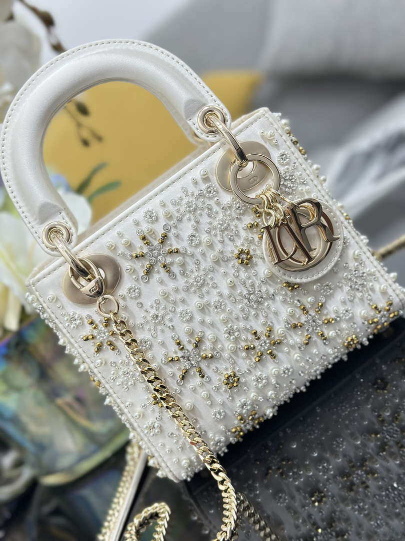 Dior M0505 Mini Lady Dior Bag Calfskin Embroidered Snowflake Pearls White
