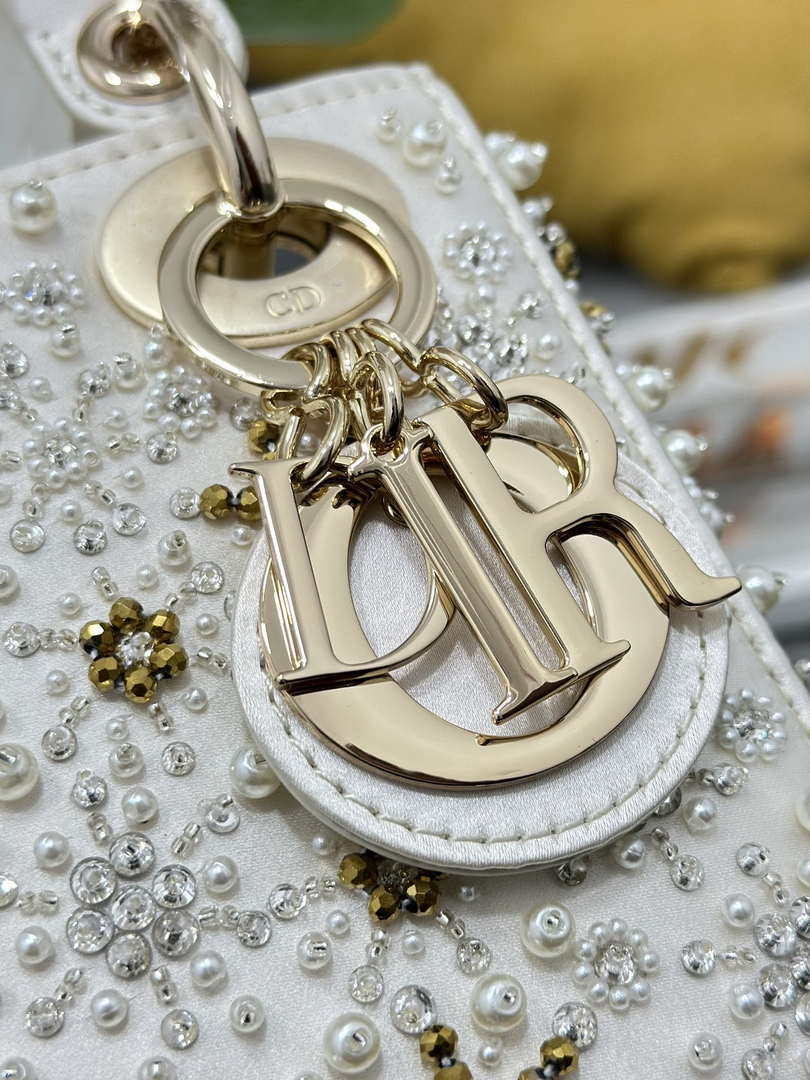 Dior M0505 Mini Lady Dior Bag Calfskin Embroidered Snowflake Pearls White