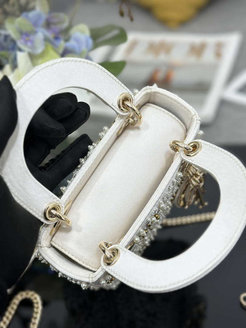 Dior M0505 Mini Lady Dior Bag Calfskin Embroidered Snowflake Pearls White