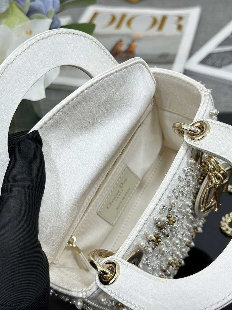 Dior M0505 Mini Lady Dior Bag Calfskin Embroidered Snowflake Pearls White